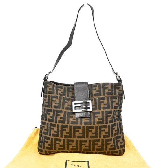 FENDI Logo Mamma Zucca Pattern Shoulder Bag Canvas Leather Brown Italy - Picture 1 of 16